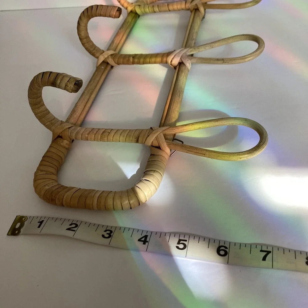 Vintage Rattan Bamboo 3 Hook Coat Rack Hanger Wall Mount 14.5